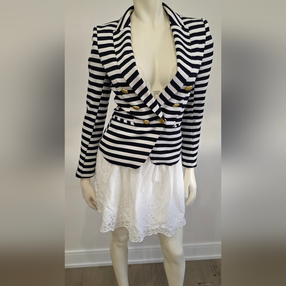 H&M Nautical Navy White Striped Peplum blazer with gold buttons US 4